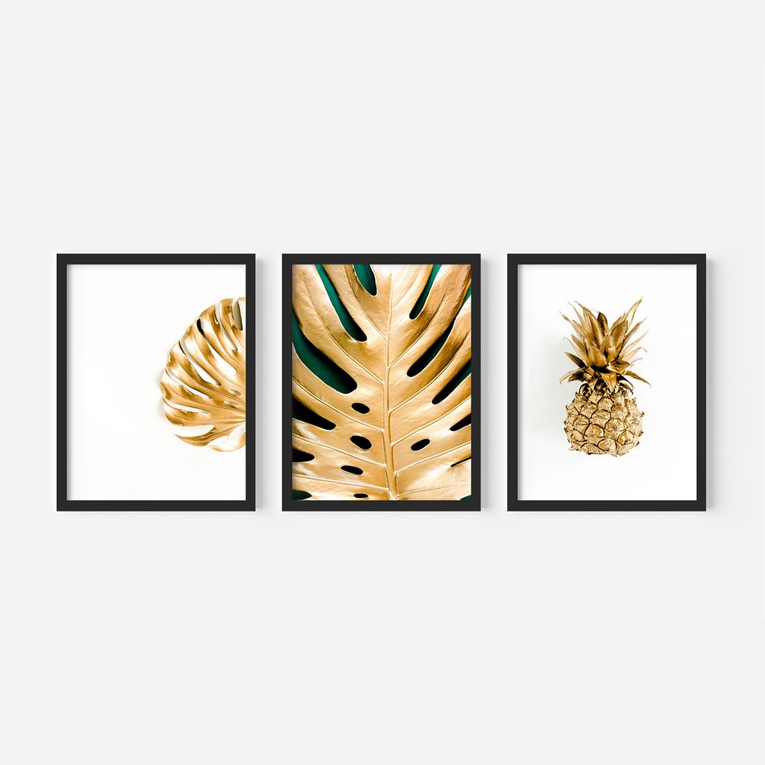 Zestaw obrazy w ramie 30x40 galeria - Złoty, ananas, monstera, gold - rama czarna