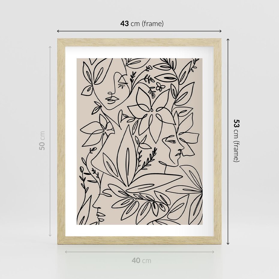 Plakat w ramie 40x50 - Kobiecy Portret Duszy - beżowe tło, czarny szkic nowoczesnych kwiatów - rama drewno