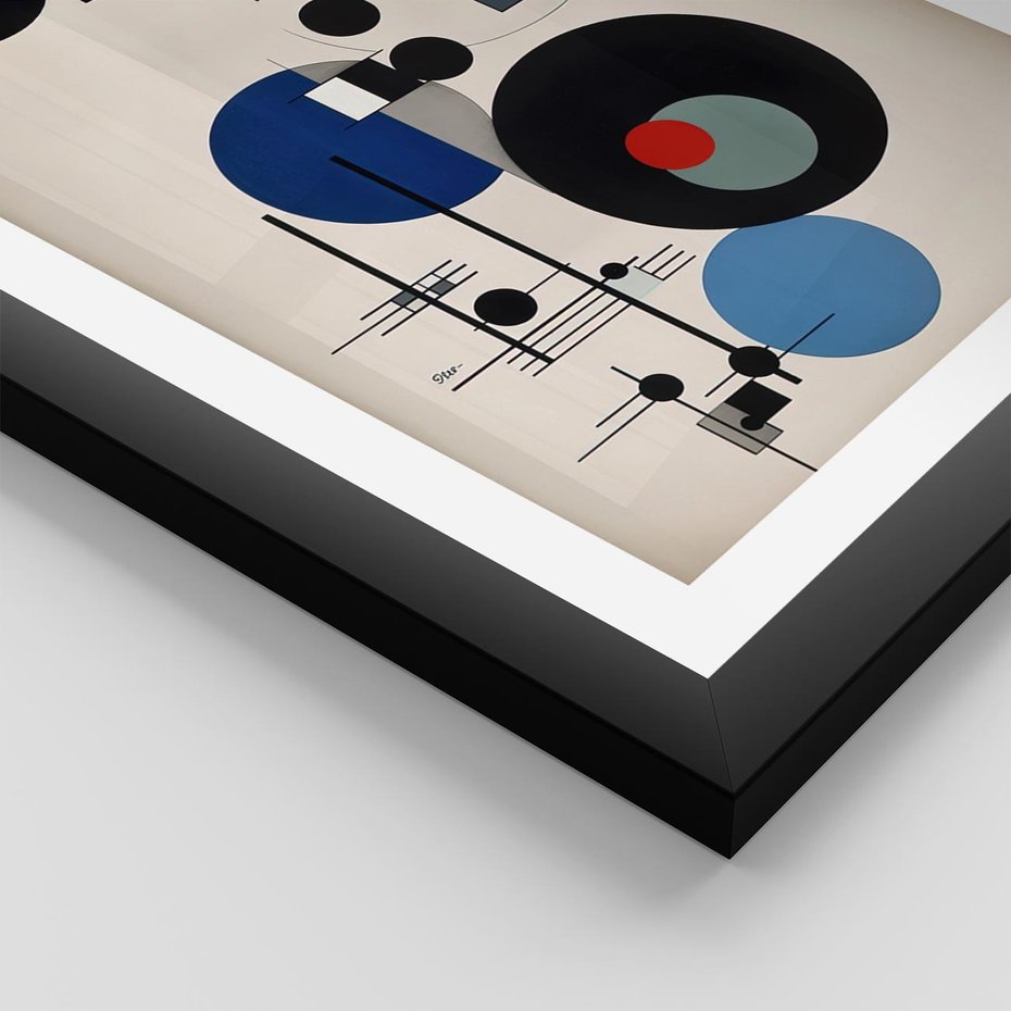 Plakat w ramie 50x70 - Rozkwitające Wibracje Wyobraźni - abstrakcyjna geometryczna kompozycja, koła linie - rama czarna