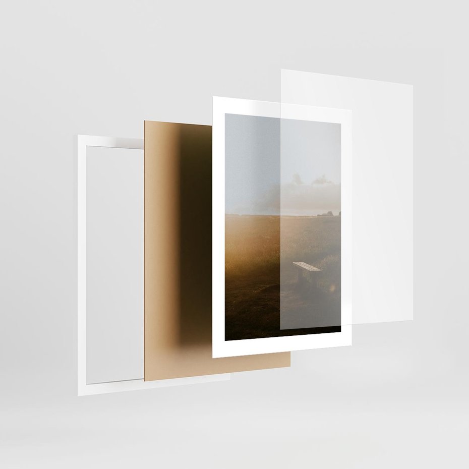 Plakat w ramie 30x40 - Mglisty zachód słońca na ławeczce - mgła, zachód - rama biała