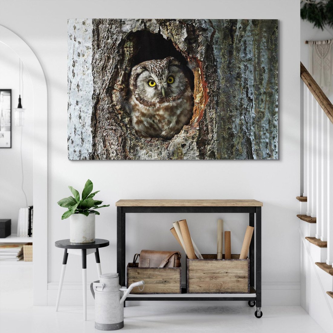 Obraz na płótnie 120x80 - Tajemniczy W świecie Nocy - sowa, dziupla