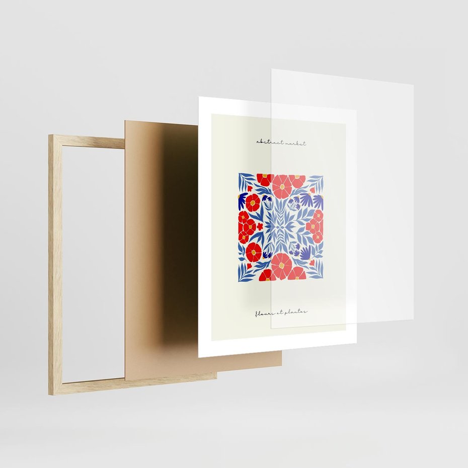 Plakat w ramie 40x50 - Tajemnicza Droga - nowoczesna kwiatowa kompozycja, czerwony i niebieski - rama drewno