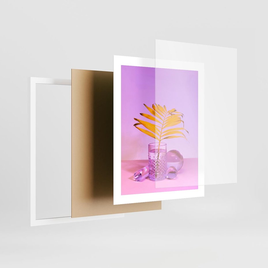 Plakat w ramie 40x50 - Neonowy Liść Palmy na Fotografii - neonowa fotografia, liść palmy w szklance - rama biała