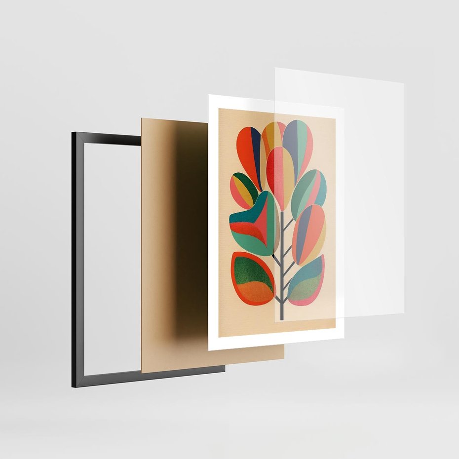Plakat w ramie 50x70 - Wnętrza Kształtów - abstrakcyjny kolorowy tęczowy obraz, inspiracje roślinne - rama czarna