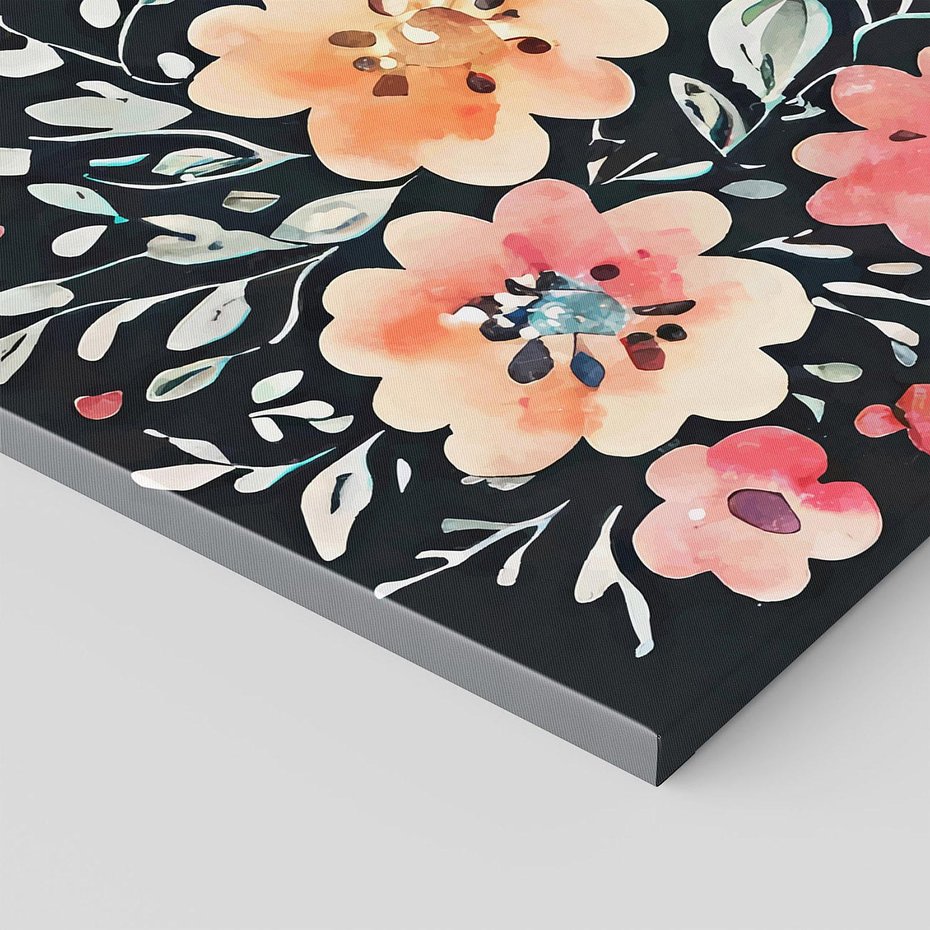 Obraz na płótnie 120x80 - Labirynty melancholii - akwarelowe, pastelowe kwiaty na czarnym tle