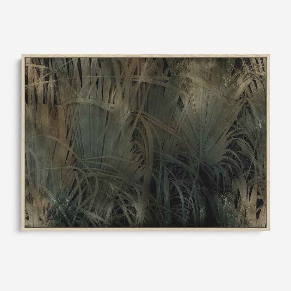 Obraz w ramie 100x70 - Światło w mroku duszy - liście traw, mroczny klimat - rama drewno