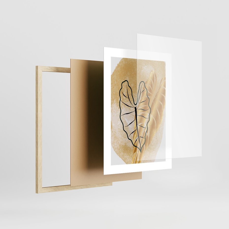 Zestaw obrazy w ramie 50x70 galeria - Złote, liście, monstera, akwarela - rama drewno