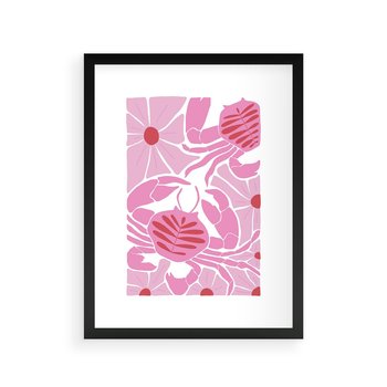 Plakat w ramie 50x70 - Roztańczone Kraby - różowe kwiaty i kraby, abstrakcyjna kompozycja - rama czarna
