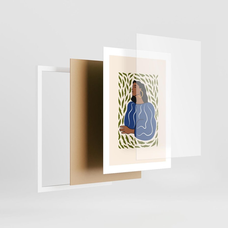 Plakat w ramie 30x40 - Rozbite Barwy - nowoczesny plakat, kobieta otoczona liśćmi - rama biała