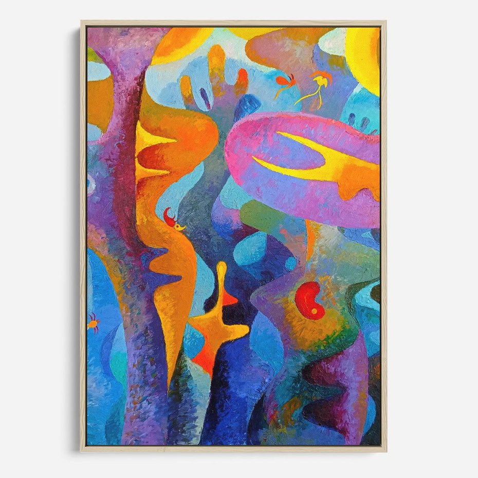 Obraz w ramie 80x120 - Płomienne Tańce Abstrakcji - energetyczna abstrakcja, dziwne formy - rama drewno