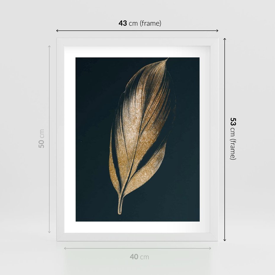 Plakat w ramie 40x50 - Mroczne Złoto - nowoczesna grafika, złoty liść na czarnym tle - rama biała