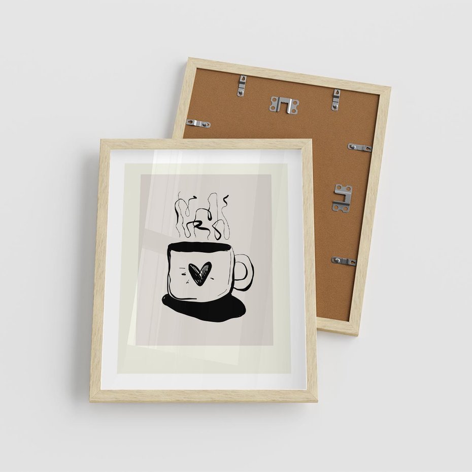 Plakat w ramie 40x50 - Grafika Kubka w Czerni i Bieli - kubek, grafika - rama drewno