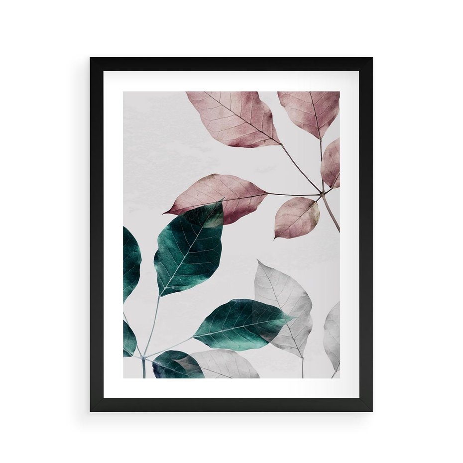 Plakat w ramie 40x50 - Pastelowe Liście w Minimalizmie - pastelowe liście, minimalistyczny obraz - rama czarna