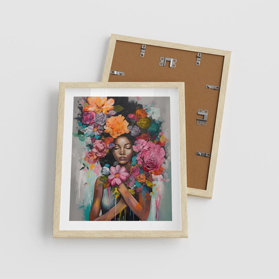 Plakat w ramie 40x50 - Z Głową w Kwiatach - obraz olejny, sztuka nowoczesna - rama drewno