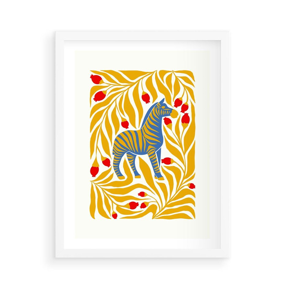 Plakat w ramie 50x70 - Zebra w Nowoczesności - abstrakcyjna nowoczesna grafika, pośrodku zebra - rama biała