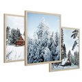Zestaw obrazy w ramie 50x70 galeria - Las, zima, domki, śnieg - rama drewno