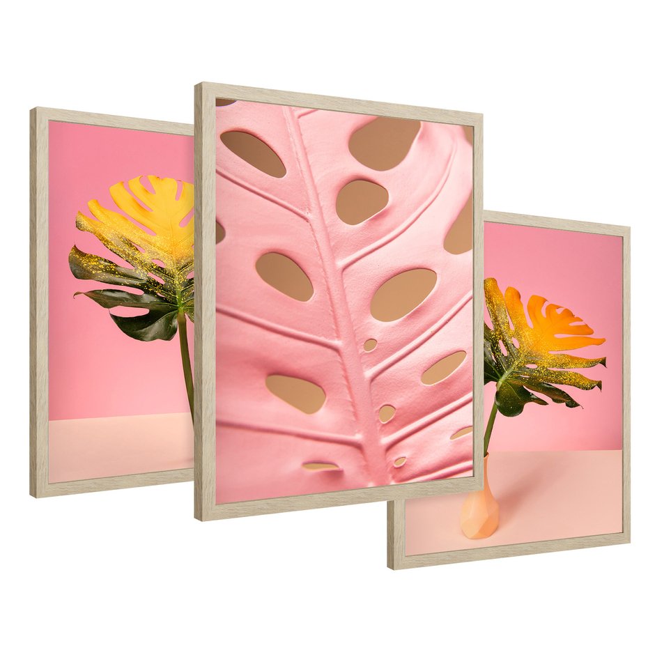 Zestaw obrazy w ramie 50x70 galeria - Monstera, liście, retro, pastele - rama drewno