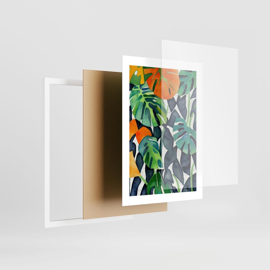 Plakat w ramie 30x40 - Tropikalne Pragnienia - akwarela, liście tropikalne - rama biała