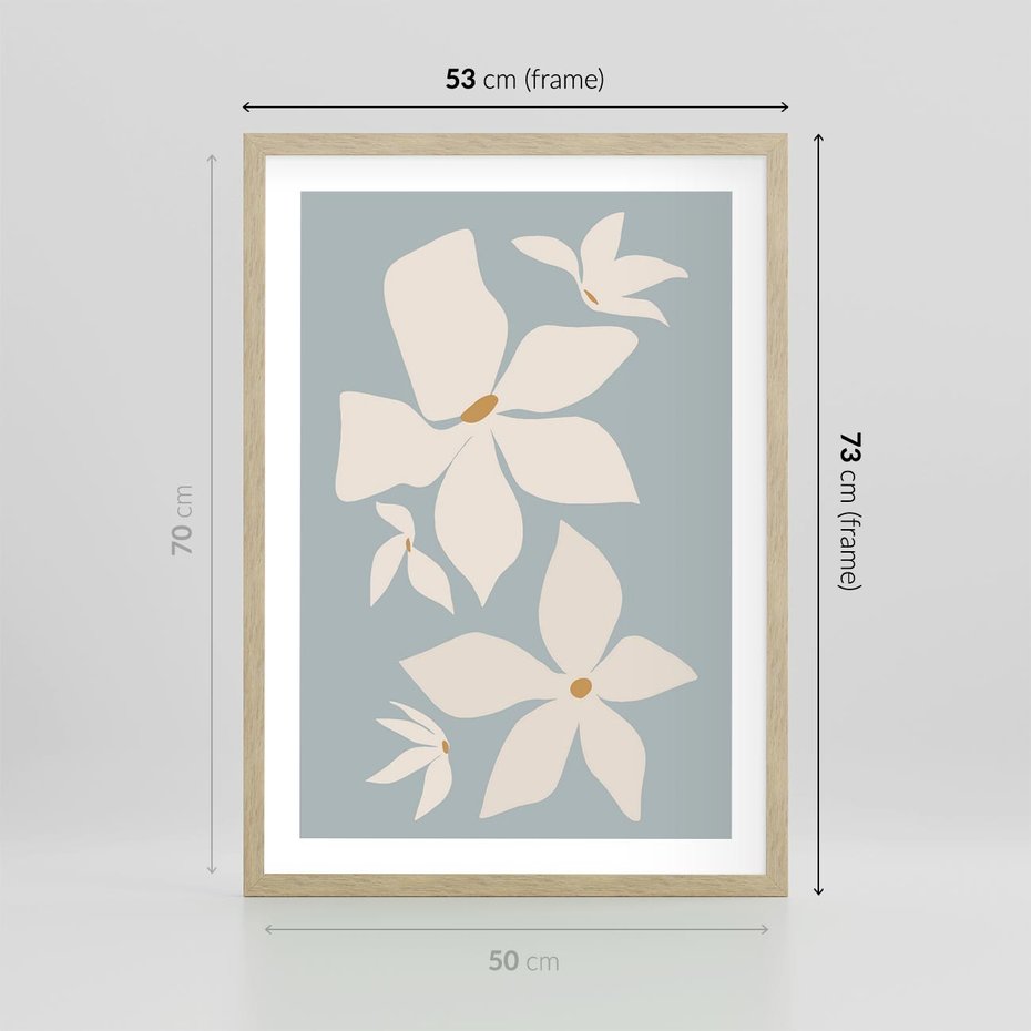 Plakat w ramie 50x70 - Błękit Kwiatów - kwiaty, nowoczesne i minimalistyczne - rama drewno
