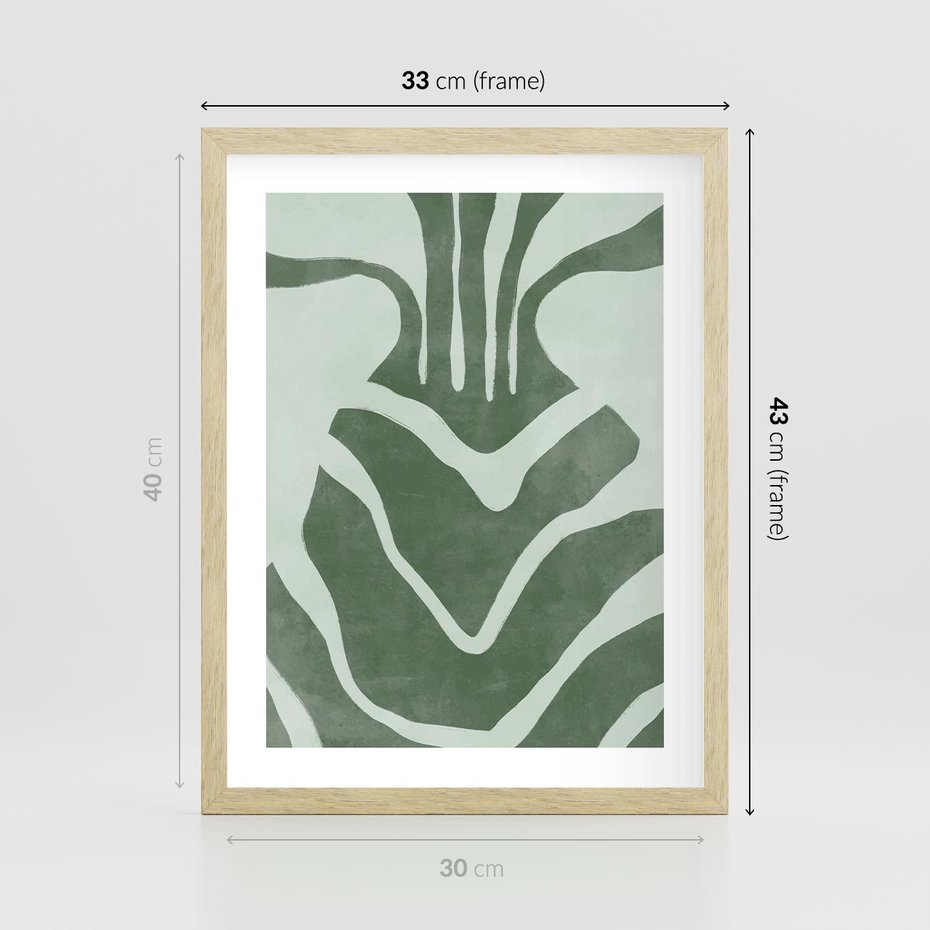 Plakat w ramie 30x40 - Zieleń Odpoczynku - zielony plakat, nieregularne splątane linie - rama drewno