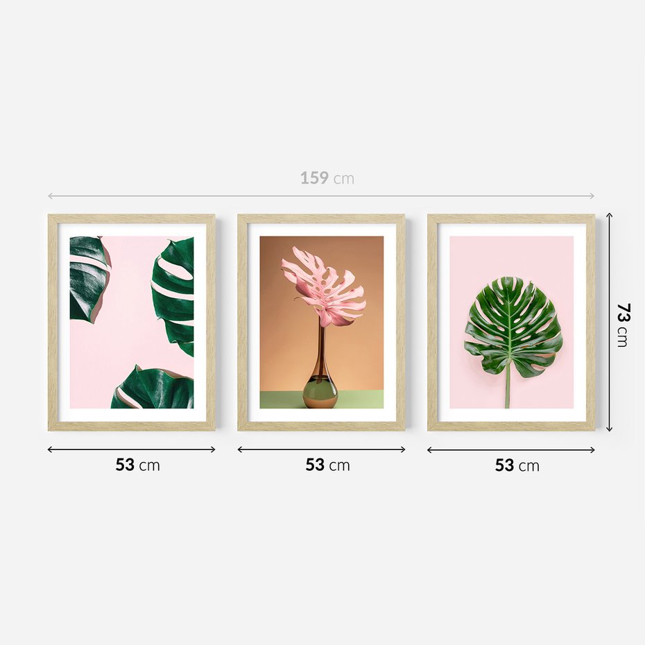 Zestaw obrazy w ramie 50x70 galeria - Monstera, liście, pastelowe, tło, tropikalne - rama drewno