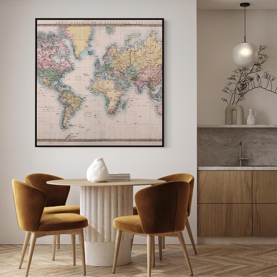 Obraz w ramie 50x50 - Światło Przeszłości - retro mapa świata, mapa - rama czarna