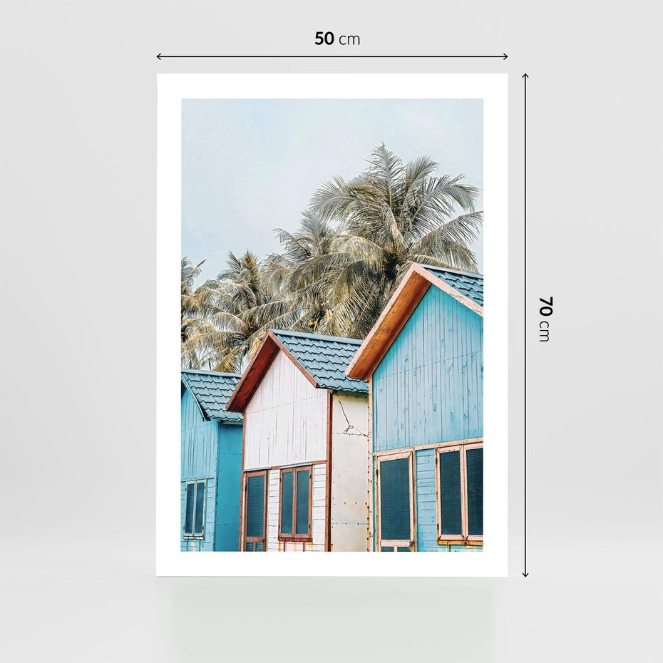 Plakat bez ramy 50x70 - Rajskie Wakacje - domki na plaży, błękitne domki