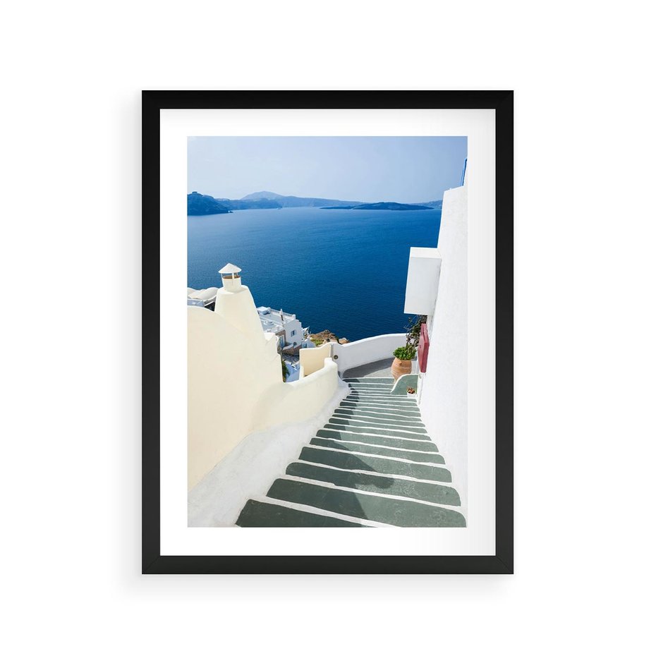 Plakat w ramie 30x40 - Malowniczy urok wyspy - Santorini, schodki - rama czarna