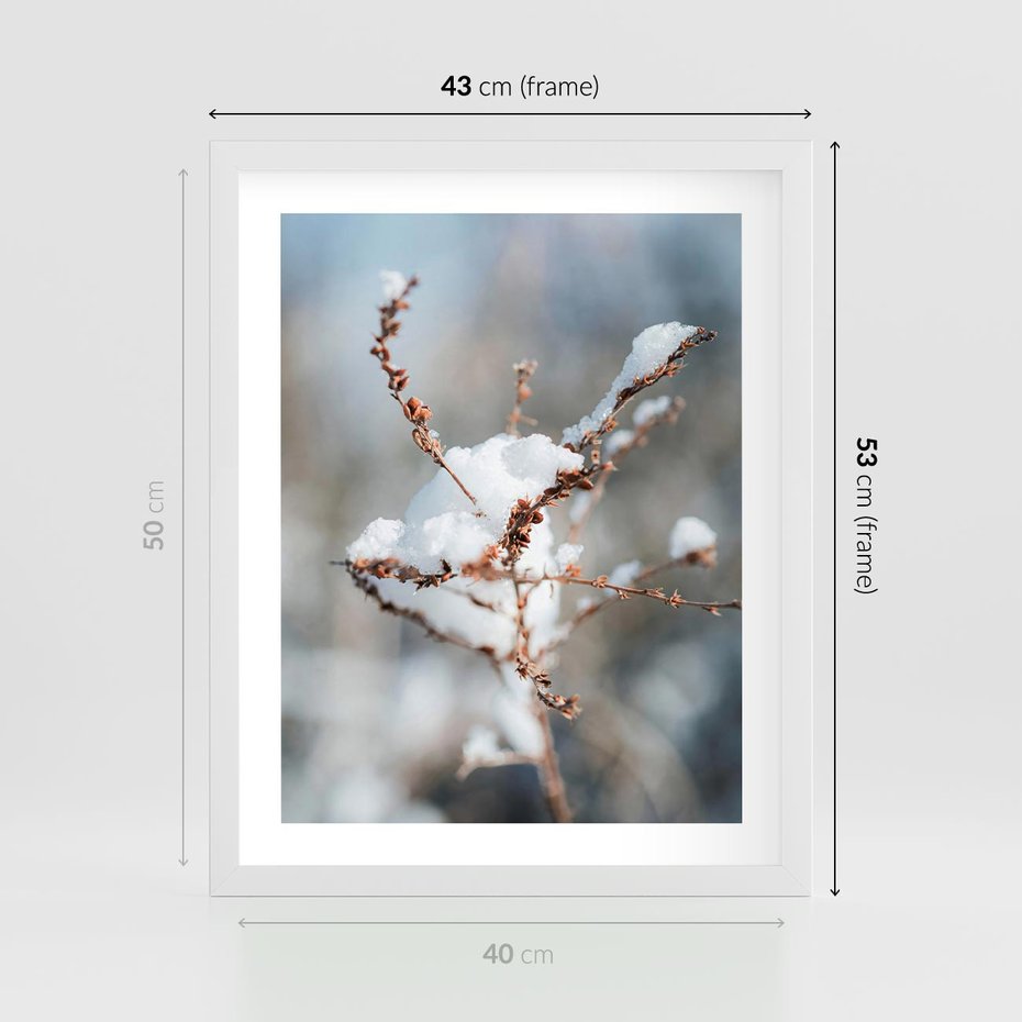 Plakat w ramie 40x50 - Zimowy Urok Natury - gałązki pod śniegiem, natura - rama biała