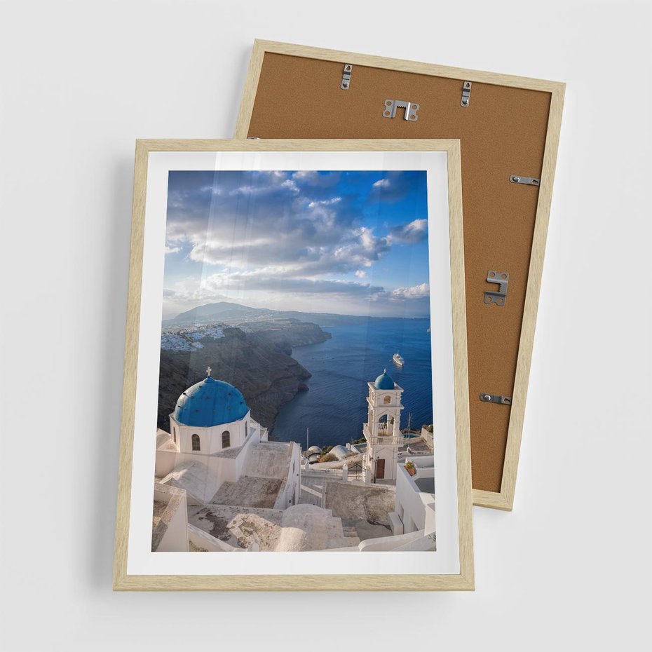 Plakat w ramie 50x70 - Błękitne Przezycia - Santorini, morze - rama drewno