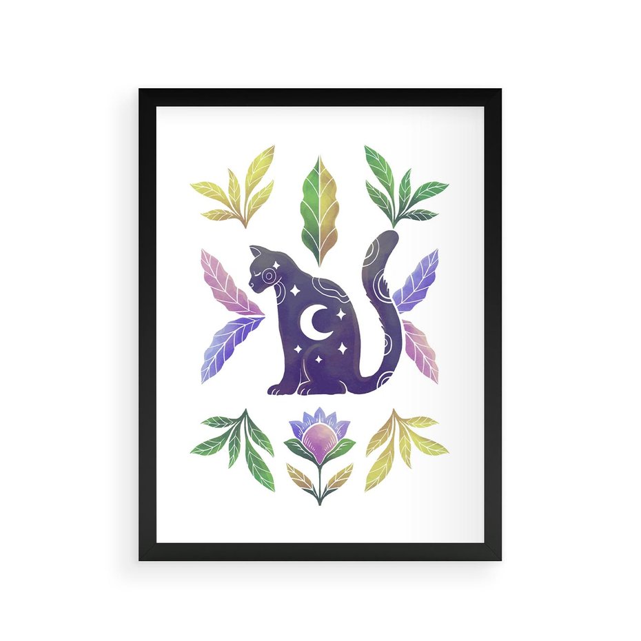 Plakat w ramie 30x40 - Migotliwa Przestrzeń - boho kot, plakat - rama czarna