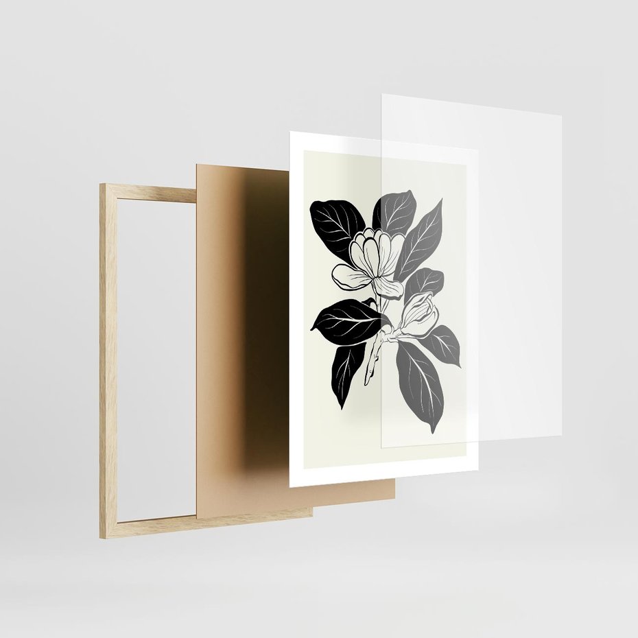 Plakat w ramie 50x70 - Spojrzenie w kształty kwiatów - kwiaty magnolii, minimalizm - rama drewno