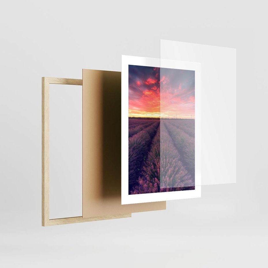 Plakat w ramie 30x40 - Różowe Niebo nad Polami - pola lawendy, zachód słońca - rama drewno