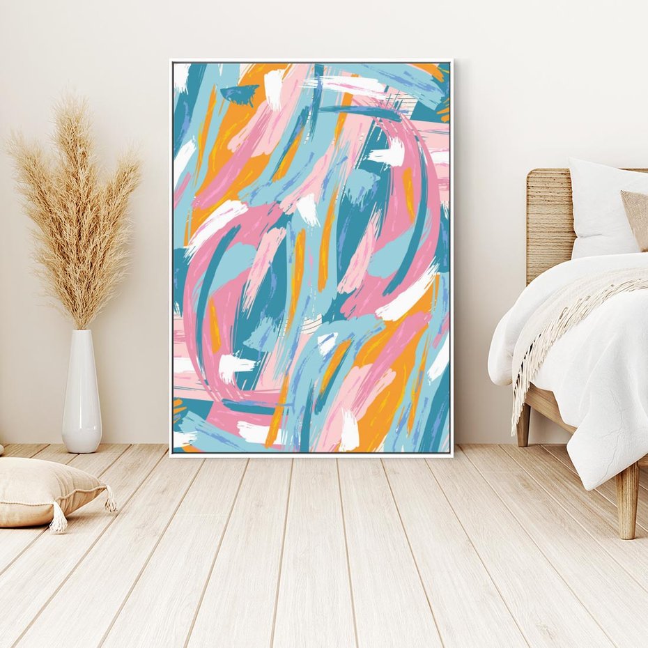 Obraz w ramie 70x100 - Refleksje w krainie abstrakcji - abstrakcja, energiczne pociągnięcia pędzla - rama biała