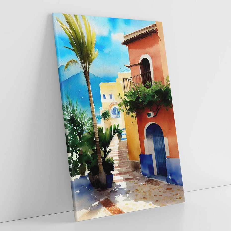 Obraz na płótnie 70x100 - Spokój Miasta nad Morzem - akwarela, sródziemnomorski klimat