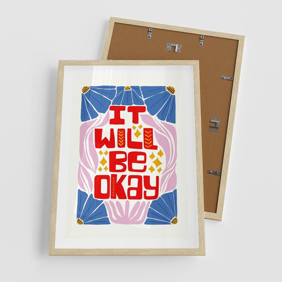 Plakat w ramie 50x70 - Kwiatowa Ekstaza - czerwona pozytywna typografia, kwiatowa kompozycja - rama drewno