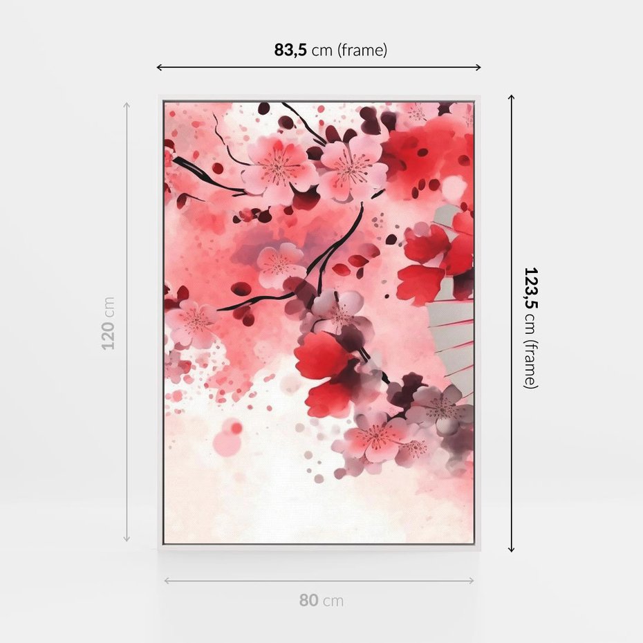 Obraz w ramie 80x120 - Szept Kwitnącej Wiśni - japoński parasol, liście - rama biała