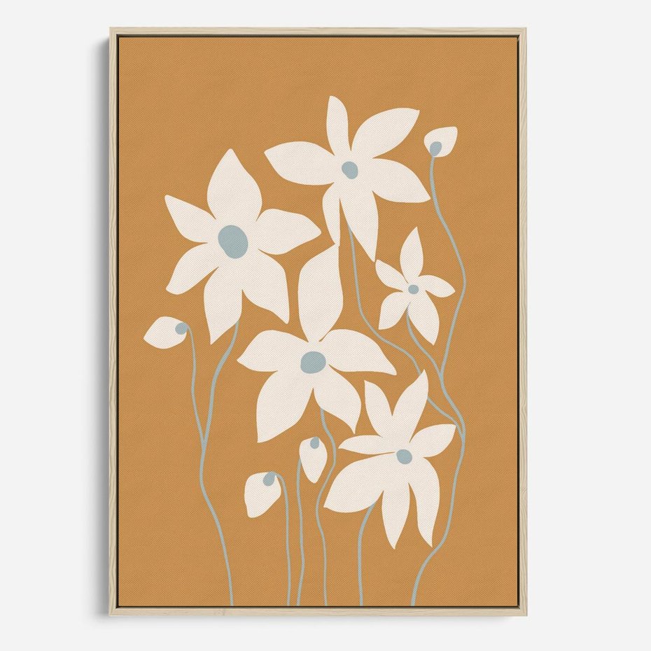 Obraz w ramie 80x120 - Kwiatowy Spektakl - minimalistyczne kwiaty, na pomarańczowym tle - rama drewno