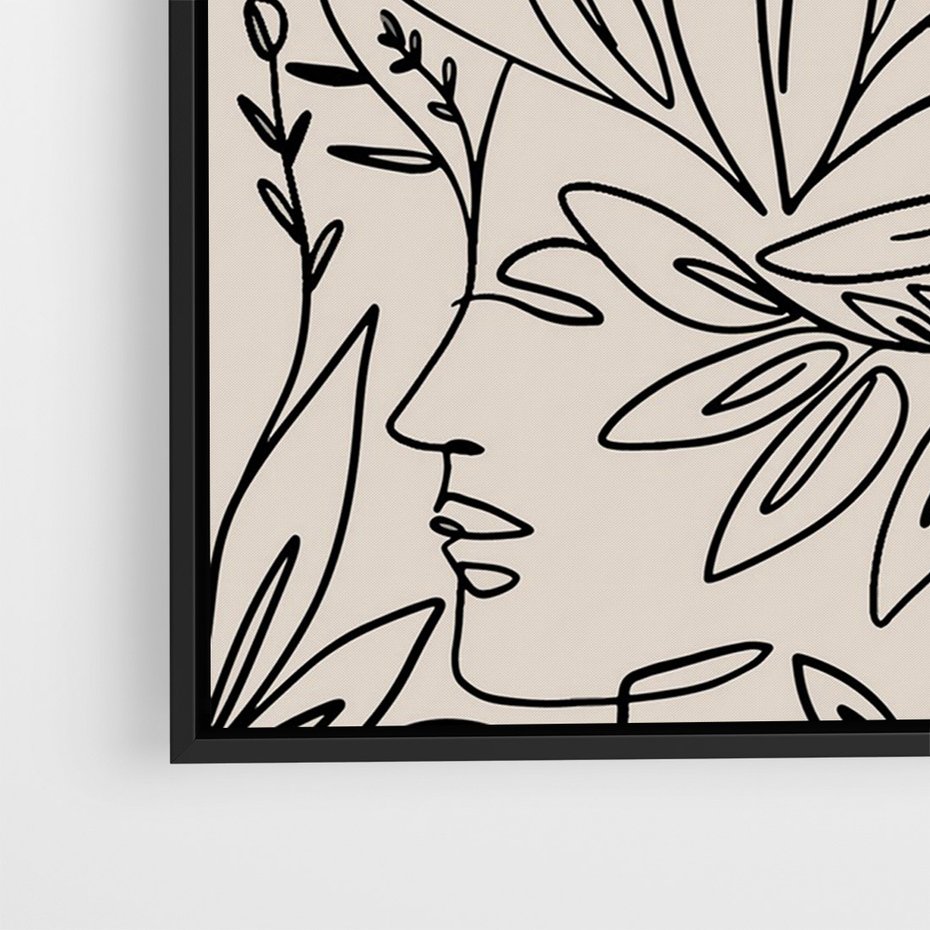 Obraz w ramie 70x100 - Kobiecy Portret Duszy - beżowe tło, czarny szkic nowoczesnych kwiatów - rama czarna