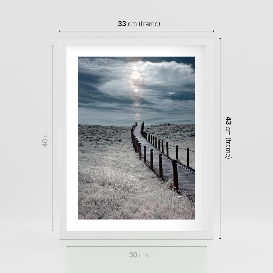 Plakat w ramie 30x40 - Burzowy pomost na plaży - plaża, pomost - rama biała