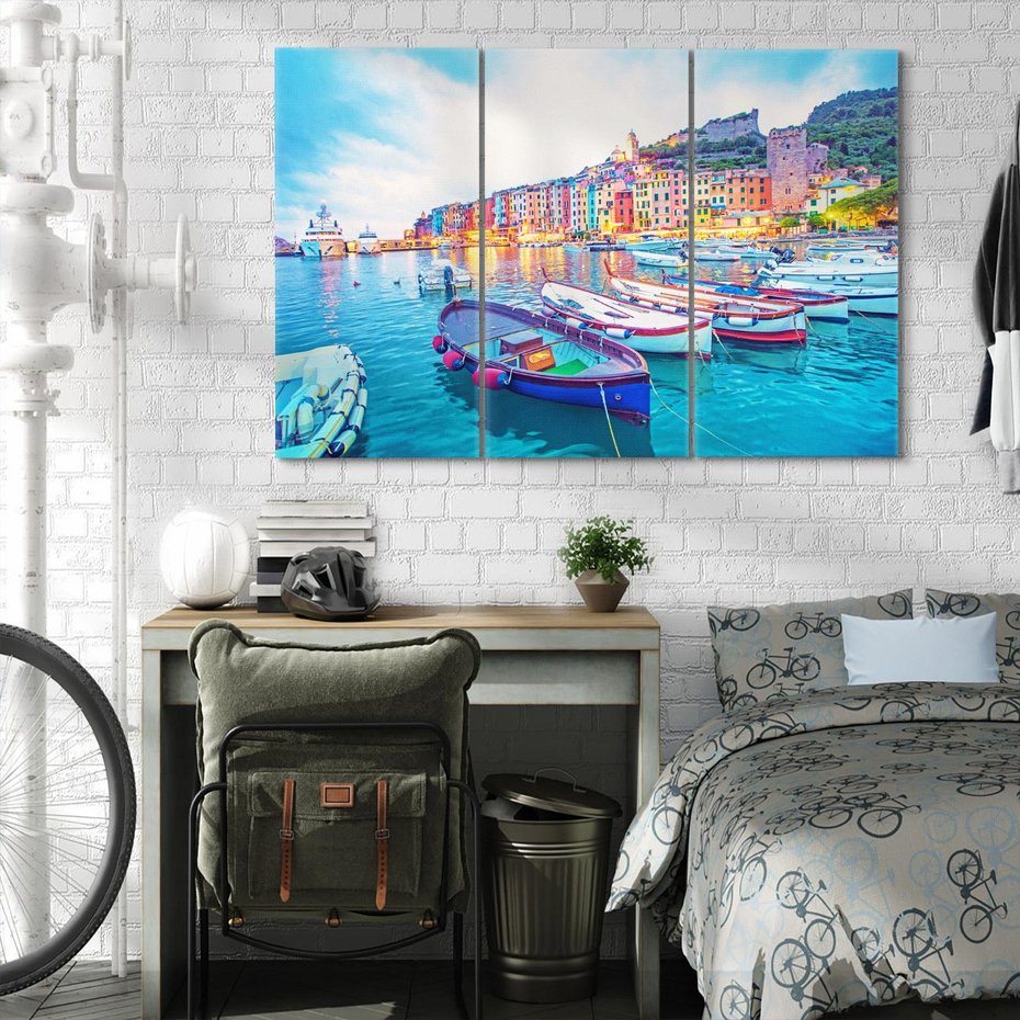 Obraz na płótnie 120x80 - Tańczące kolory zachodu - nadmorskie kolorowe miast, kolorowe budynki na brzegu