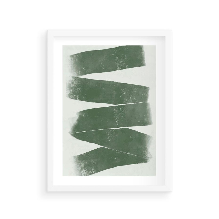 Plakat w ramie 30x40 - Zielone Refleksje - abstrakcja, zgaszony zielony kolor - rama biała