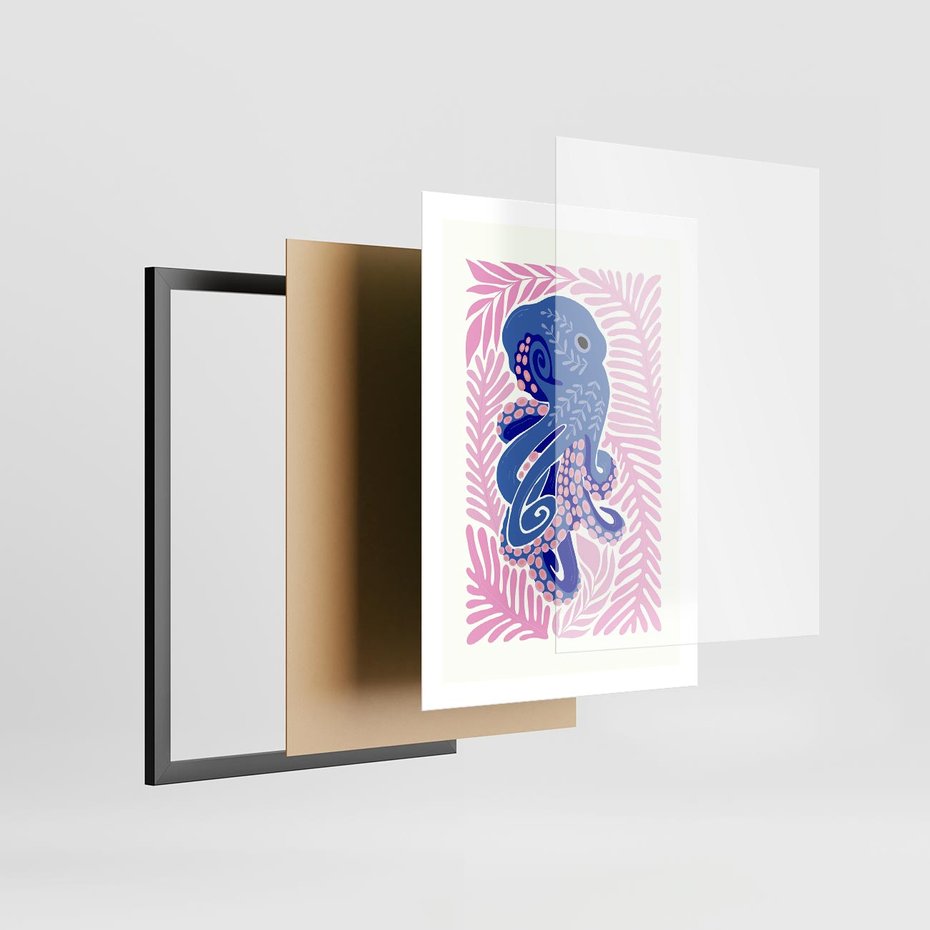 Plakat w ramie 50x70 - Rozkwitające marzenia - abstrakcyjna kompozycja, niebieska ośmiornica wśród różowej roślinnośći - rama czarna