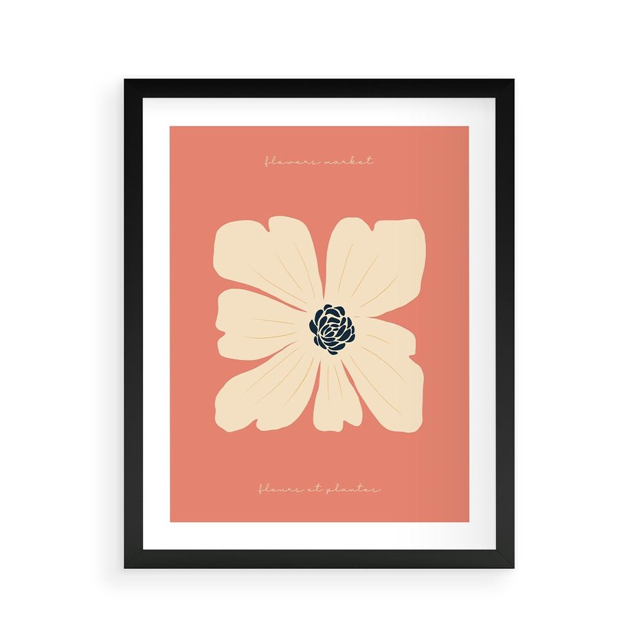 Plakat w ramie 40x50 - Malowane Kolorowe Echa - minimalistyczna grafika, biały kwiat na różowym tle - rama czarna