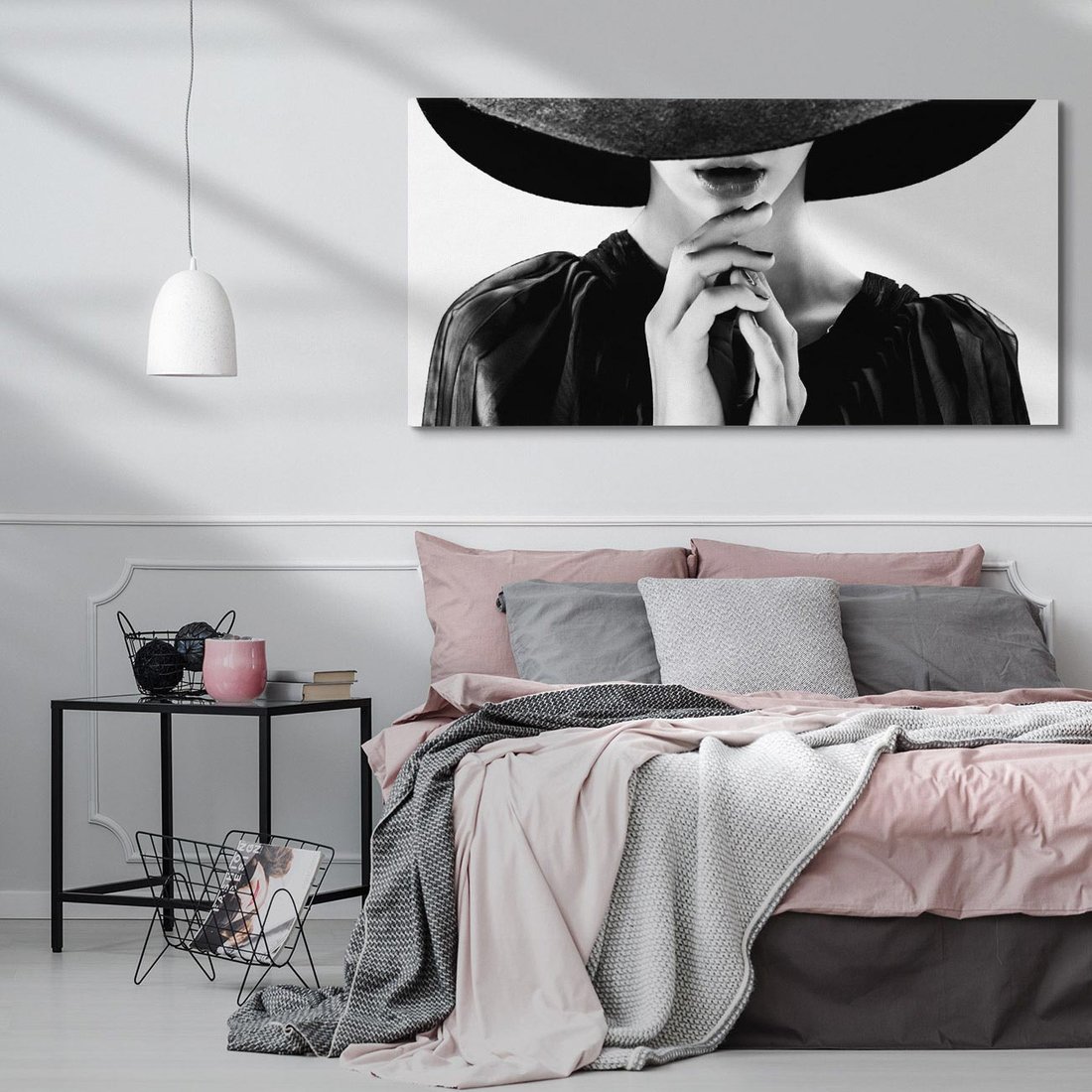 Obraz na płótnie 120x60 - Czarna Elegancja - fotografia czarno biała, zbliżenie portret kobiety w czerni