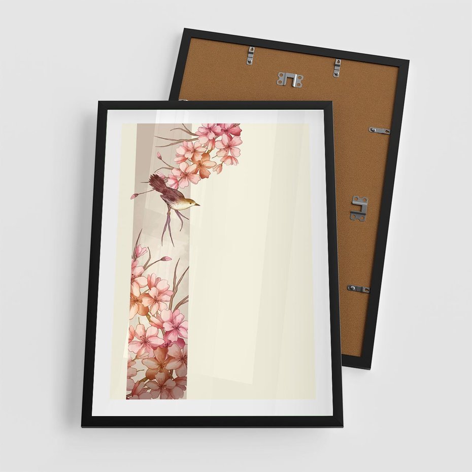 Plakat w ramie 50x70 - Rozkwitające Marzenia - japońska sztuka, ptak - rama czarna