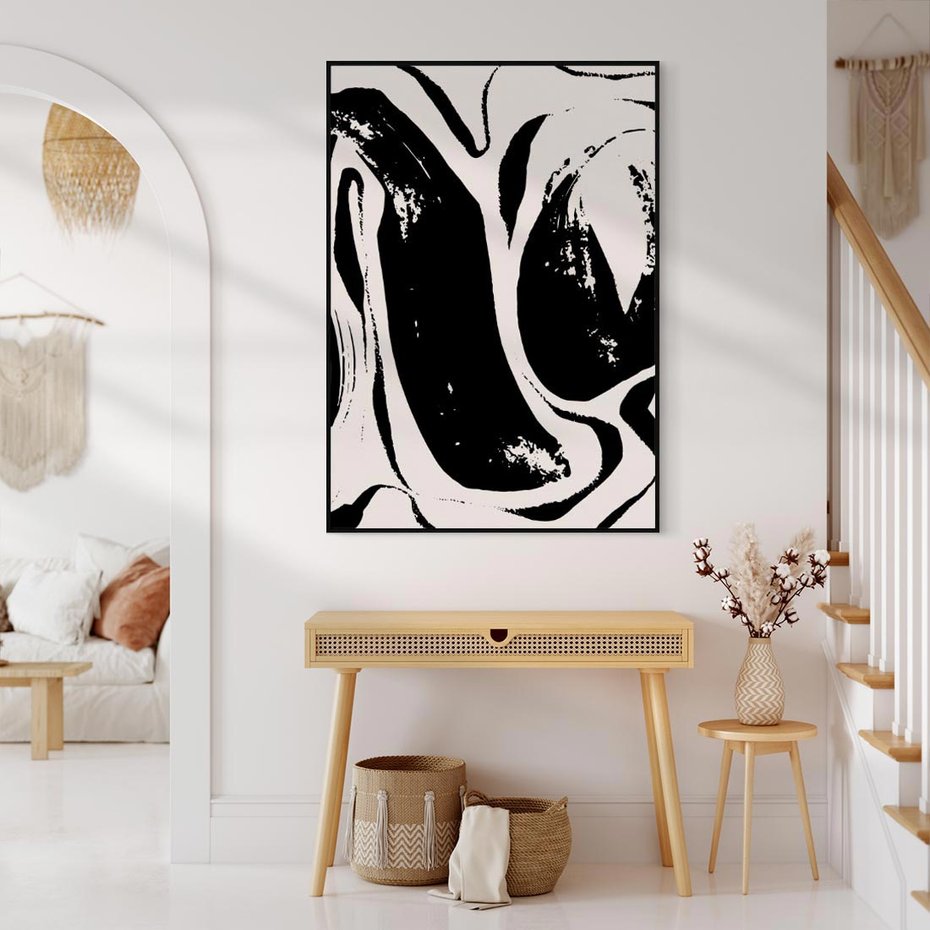 Obraz w ramie 70x100 - Wibracje w ciemnościach duszy - czarno biała abstrakcja, nieregularne rozmyte linie - rama czarna