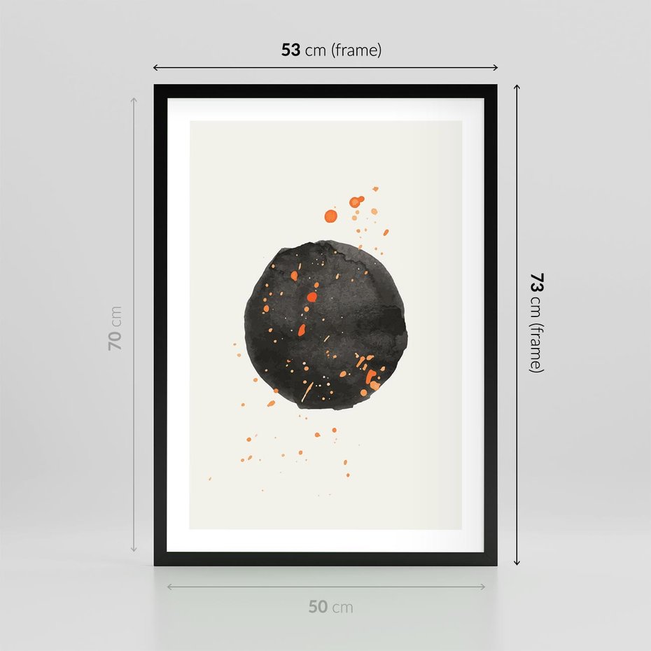 Plakat w ramie 50x70 - Wibracje Kolorów - abstrakcyjna czarna plama, rozsiane pomarańczowe kropki - rama czarna