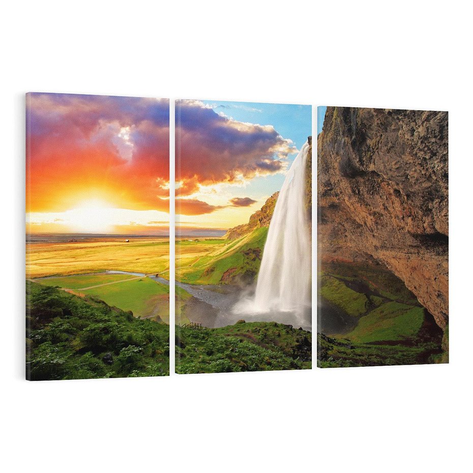 Obraz na płótnie 120x80 - Zachód słońca nad islandzkim wodospadem - Islandia, wodospad