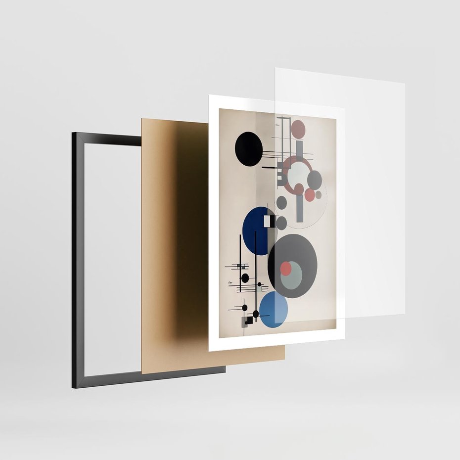 Plakat w ramie 50x70 - Rozkwitające Wibracje Wyobraźni - abstrakcyjna geometryczna kompozycja, koła linie - rama czarna